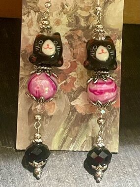 Hand Crafted Black Cat Pink Beaded Dangle Earrings